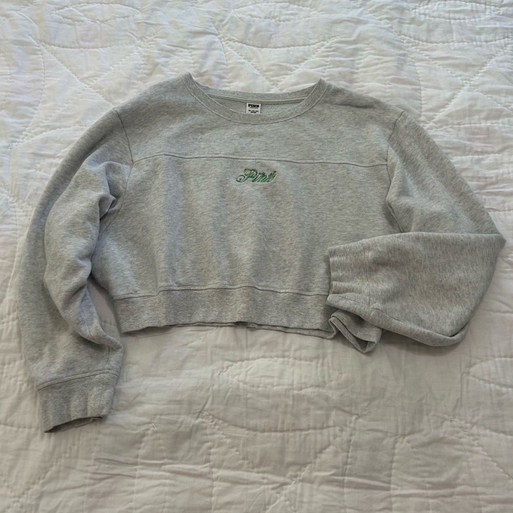 PINK Victoria's Secret Cropped Sweatshirt Womens XXL 2X Floral Logo Fleece